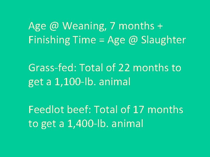 Age @ Weaning, 7 months + Finishing Time = Age @ Slaughter Grass-fed: Total
