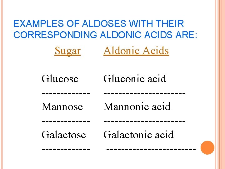 EXAMPLES OF ALDOSES WITH THEIR CORRESPONDING ALDONIC ACIDS ARE: Sugar Glucose ------Mannose ------Galactose -------