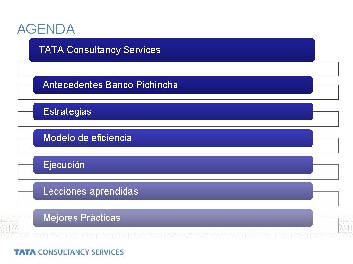 AGENDA TATA Consultancy Services Antecedentes Banco Pichincha Estrategias Modelo de eficiencia Ejecución Lecciones aprendidas