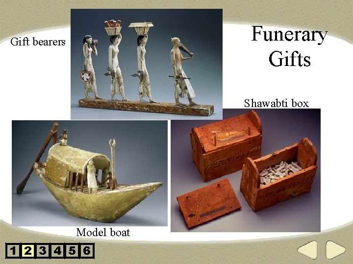 Funerary Gifts Gift bearers Shawabti box Model boat 1 2 3 4 5 6