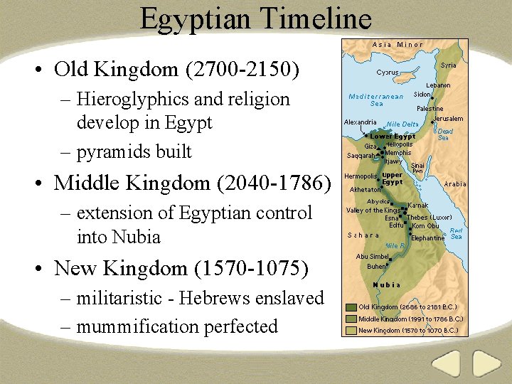 Egyptian Timeline • Old Kingdom (2700 -2150) – Hieroglyphics and religion develop in Egypt