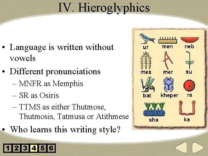 IV. Hieroglyphics • Language is written without vowels • Different pronunciations – MNFR as