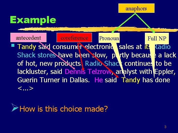 anaphors Example antecedent coreference Pronoun Full NP § Tandy said consumer electronics sales at