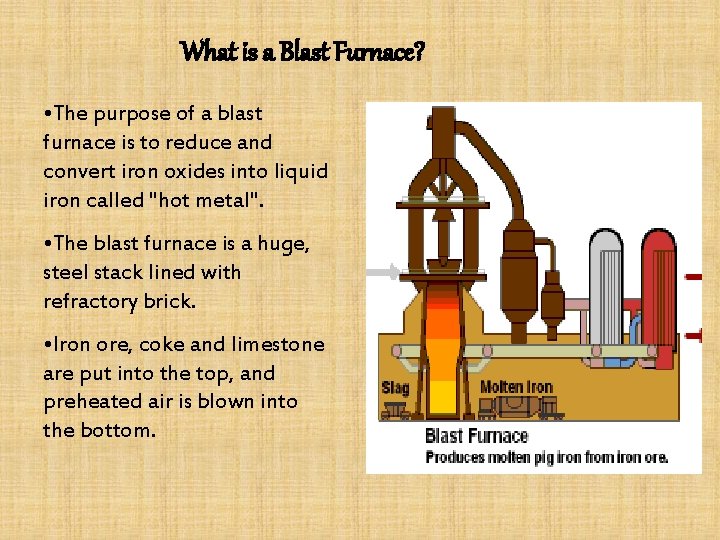 What is a Blast Furnace? • The purpose of a blast furnace is to