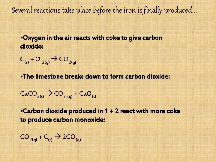 Several reactions take place before the iron is finally produced. . . • Oxygen