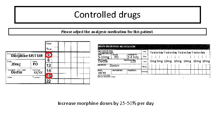 Controlled drugs Please adjust the analgesic medication for this patient. Morphine MST MR 20