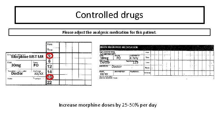 Controlled drugs Please adjust the analgesic medication for this patient. Morphine MST MR 30