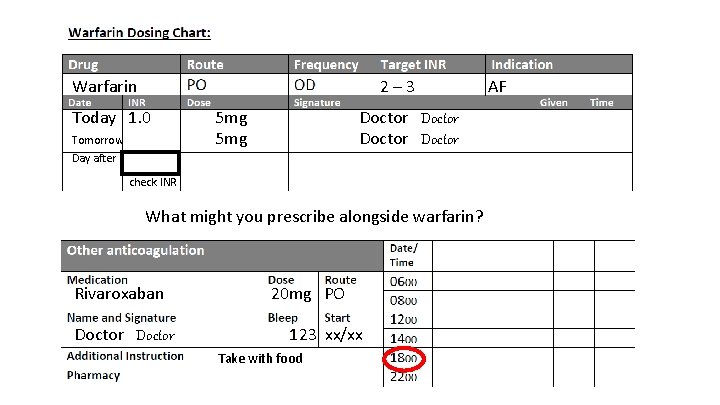 Warfarin 2– 3 Today 1. 0 Tomorrow 5 mg Doctor Day after check INR