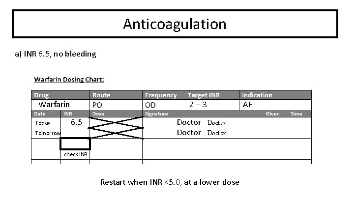Anticoagulation a) INR 6. 5, no bleeding Warfarin Today 2– 3 6. 5 Tomorrow