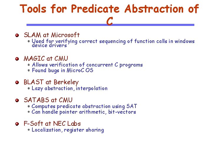 Tools for Predicate Abstraction of C SLAM at Microsoft Used for verifying correct sequencing