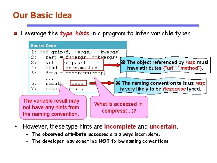 Our Basic Idea Leverage the type hints in a program to infer variable types.