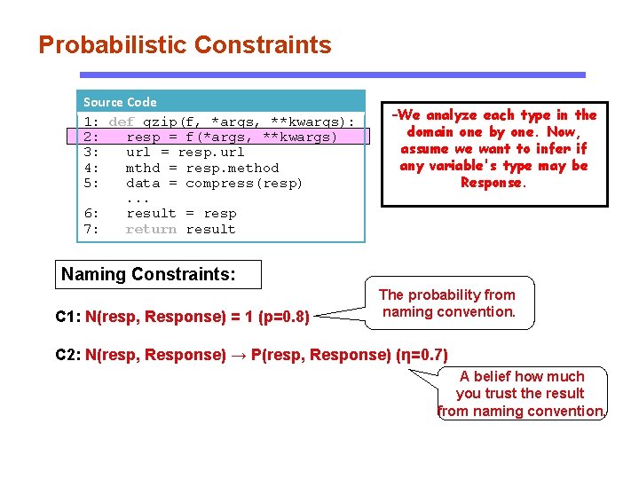 Probabilistic Constraints Source Code 1: def gzip(f, *args, **kwargs): 2: resp = f(*args, **kwargs)
