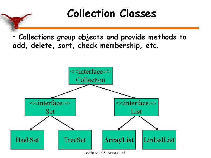 Collection Classes • Collections group objects and provide methods to add, delete, sort, check