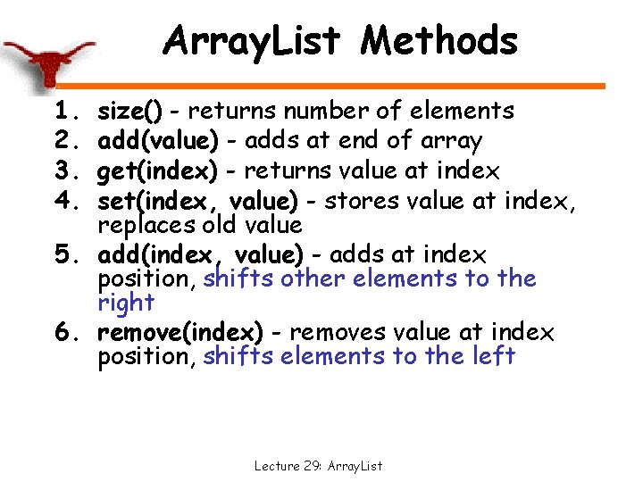 Array. List Methods 1. 2. 3. 4. size() - returns number of elements add(value)