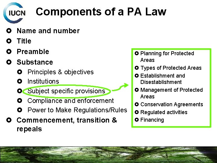 Components of a PA Law Name and number Title Preamble Substance Principles & objectives