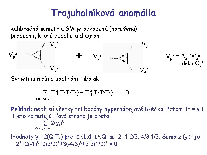 Trojuholníková anomália kalibračná symetria SM je pokazená (narušená) procesmi, ktoré obsahujú diagram V ρb