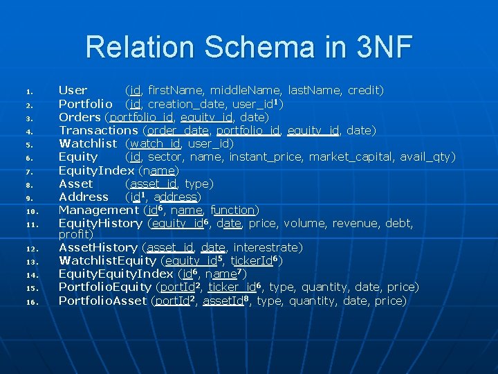 Relation Schema in 3 NF 1. 2. 3. 4. 5. 6. 7. 8. 9.