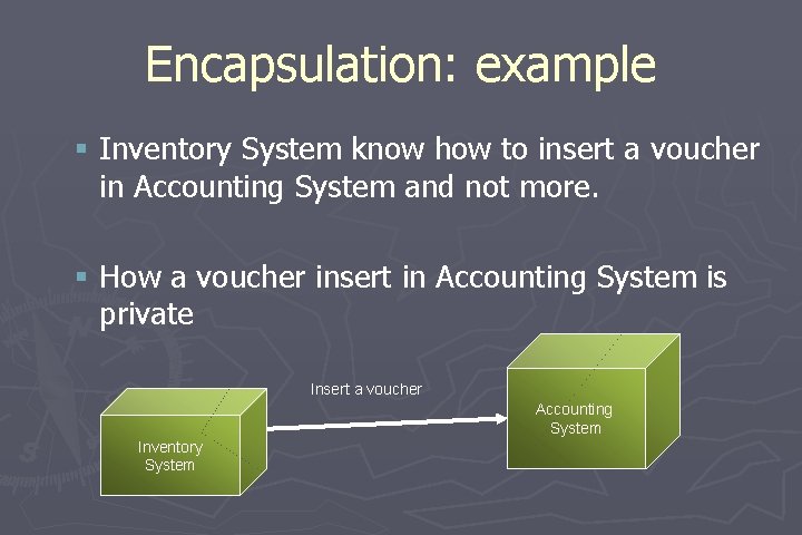 Encapsulation: example § Inventory System know how to insert a voucher in Accounting System