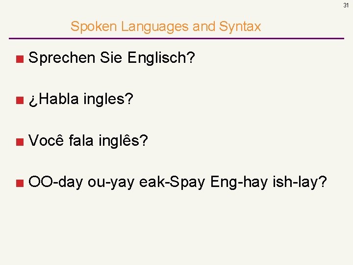 31 Spoken Languages and Syntax ■ Sprechen Sie Englisch? ■ ¿Habla ingles? ■ Você