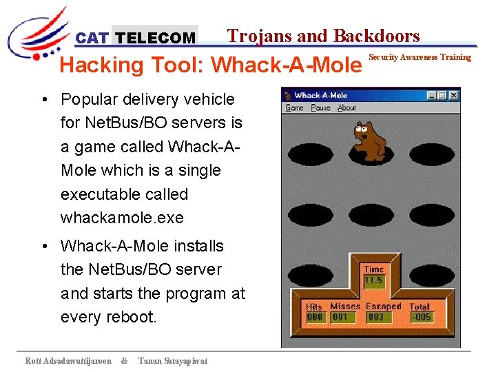 CAT TELECOM Trojans and Backdoors Hacking Tool: Whack-A-Mole • Popular delivery vehicle for Net.