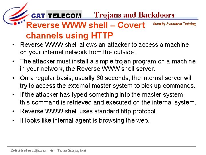 CAT TELECOM Trojans and Backdoors Reverse WWW shell – Covert channels using HTTP Security