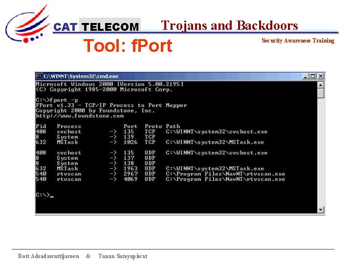 CAT TELECOM Trojans and Backdoors Tool: f. Port Rott Adsadawuttijaroen & Tanan Satayapiwat Security