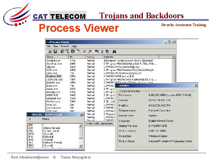 CAT TELECOM Trojans and Backdoors Process Viewer Rott Adsadawuttijaroen & Tanan Satayapiwat Security Awareness