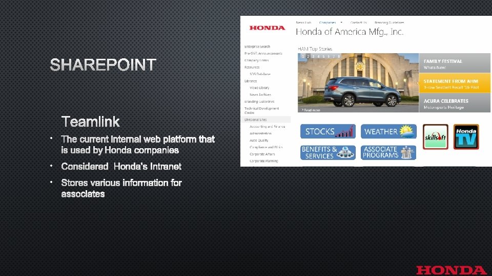SHAREPOINT TEAMLINK • THE CURRENT INTERNAL WEB PLATFORM THAT IS USED BY HONDA COMPANIES