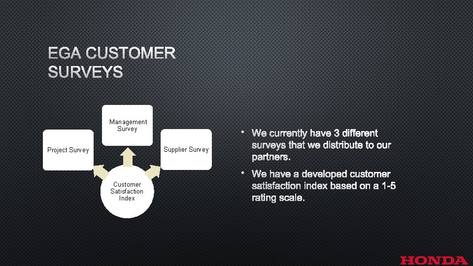 EGA CUSTOMER SURVEYS Management Survey • WE CURRENTLY HAVE 3 DIFFERENT Supplier Survey Project