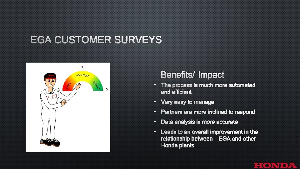 EGA CUSTOMER SURVEYS BENEFITS/IMPACT • THE PROCESS IS MUCH MORE AUTOMATED AND EFFICIENT •