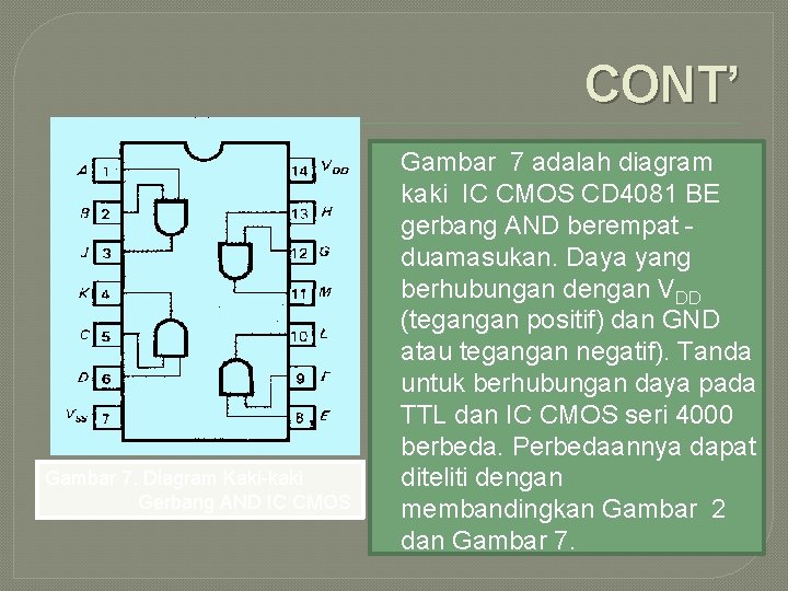 CONT’ Gambar 7. Diagram Kaki-kaki Gerbang AND IC CMOS Gambar 7 adalah diagram kaki