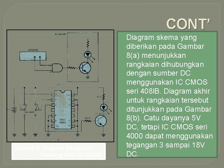 CONT’ Gambar 8. Diagram Rangkaian Gerbang AND IC CMOS Diagram skema yang diberikan pada