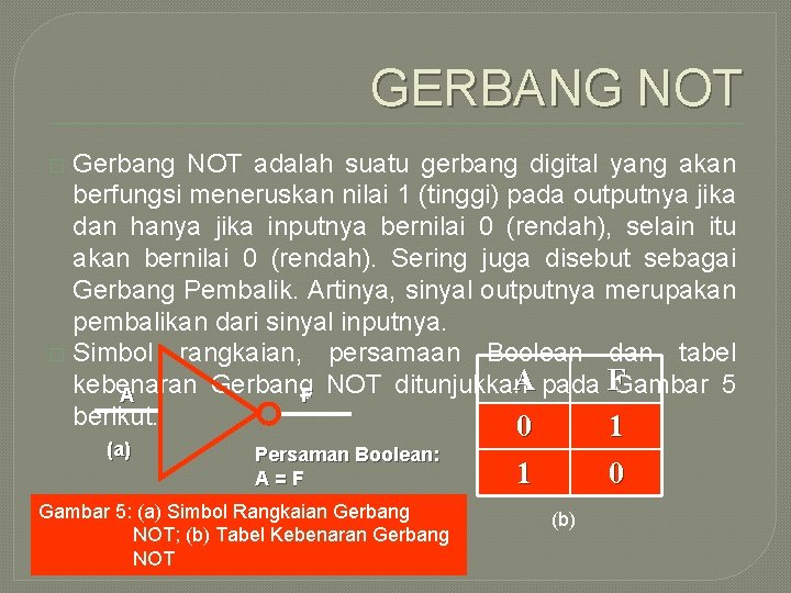 GERBANG NOT Gerbang NOT adalah suatu gerbang digital yang akan berfungsi meneruskan nilai 1