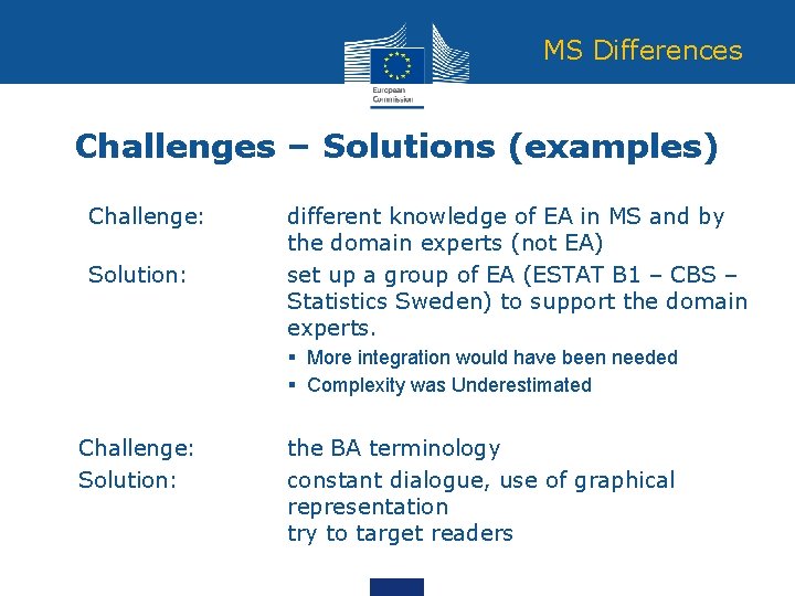 MS Differences Challenges – Solutions (examples) Challenge: Solution: different knowledge of EA in MS