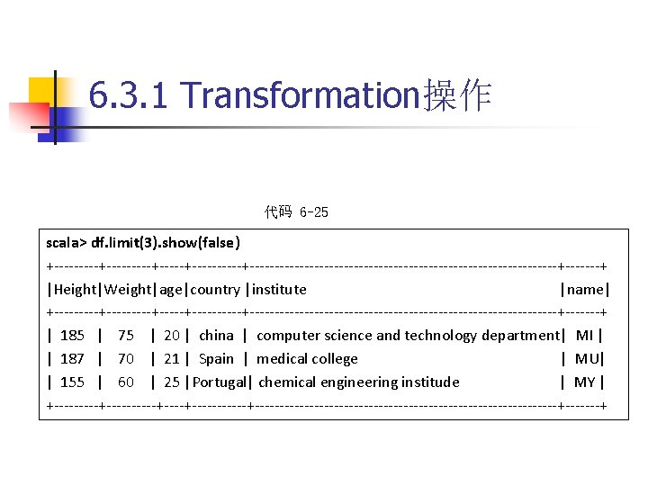 6. 3. 1 Transformation操作 代码 6 -25 scala> df. limit(3). show(false) +---------+----------+-------------------------------+-------+ |Height|Weight|age|country |institute