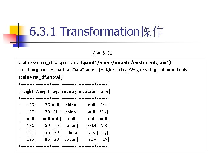 6. 3. 1 Transformation操作 代码 6 -31 scala> val na_df = spark. read. json("/home/ubuntu/ex.