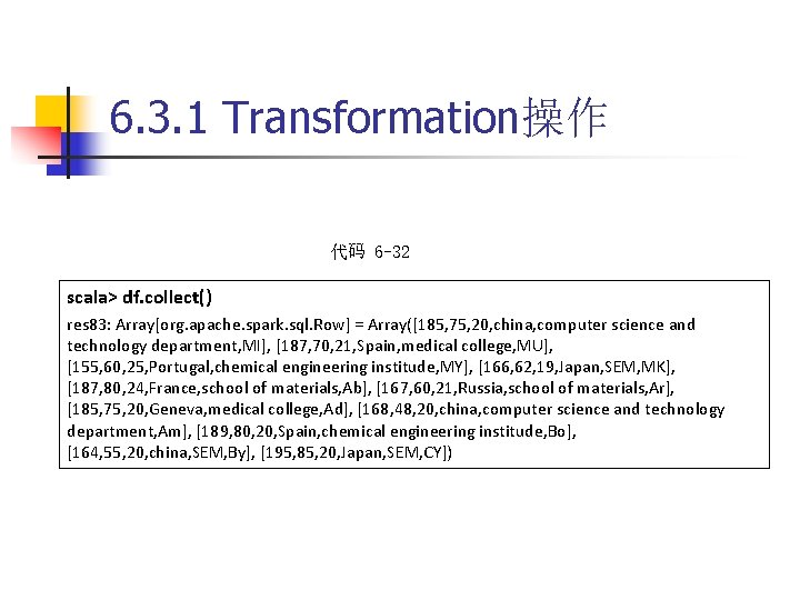 6. 3. 1 Transformation操作 代码 6 -32 scala> df. collect() res 83: Array[org. apache.