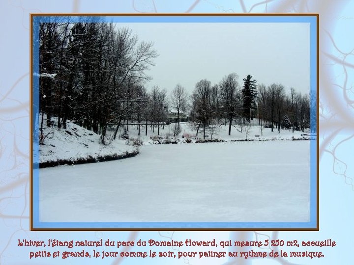 L'hiver, l'étang naturel du parc du Domaine Howard, qui mesure 5 250 m 2,
