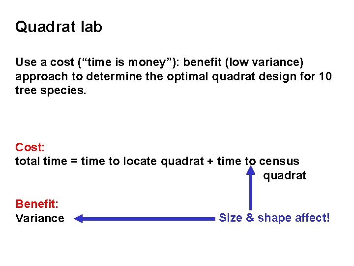 Quadrat lab Use a cost (“time is money”): benefit (low variance) approach to determine