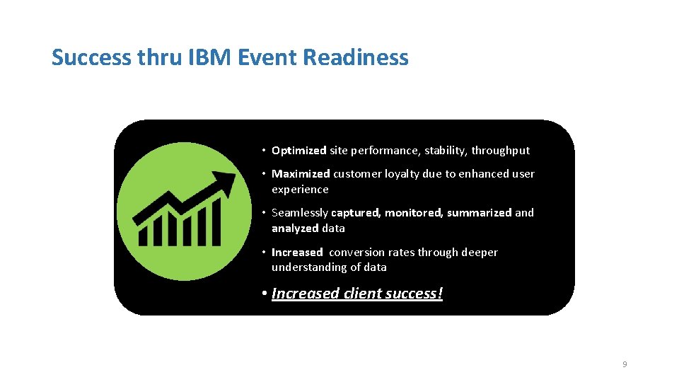 Success thru IBM Event Readiness • Optimized site performance, stability, throughput Maximized customer loyalty