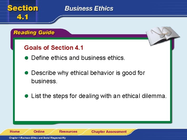 Goals of Section 4. 1 Define ethics and business ethics. Describe why ethical behavior