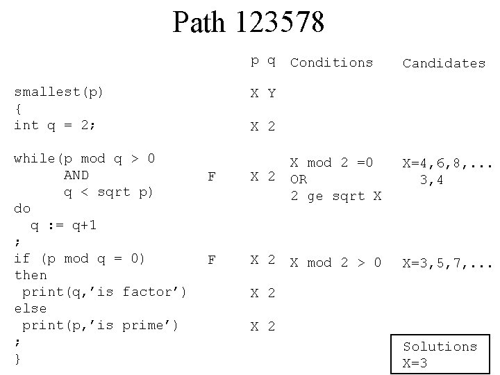 Path 123578 p q smallest(p) { int q = 2; while(p mod q >