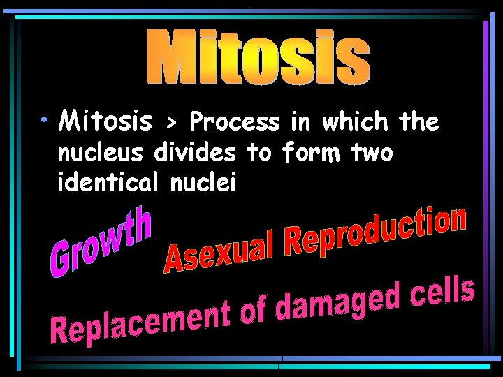  • Mitosis > Process in which the nucleus divides to form two identical