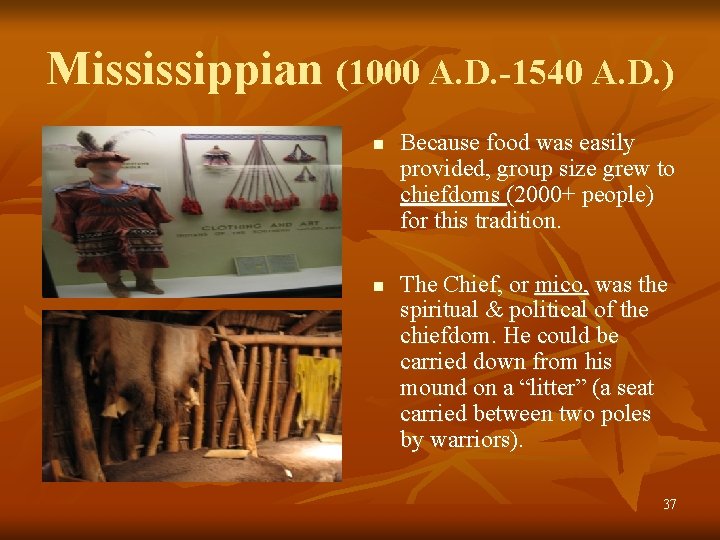 Mississippian (1000 A. D. -1540 A. D. ) n n Because food was easily