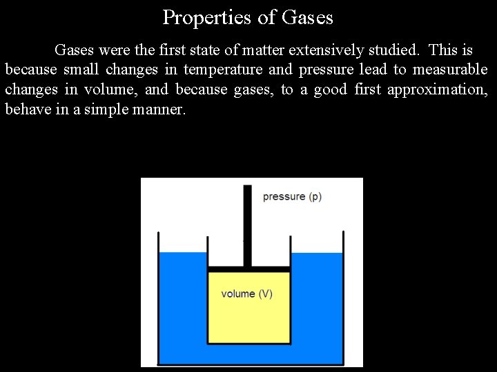 Properties of Gases were the first state of matter extensively studied. This is because