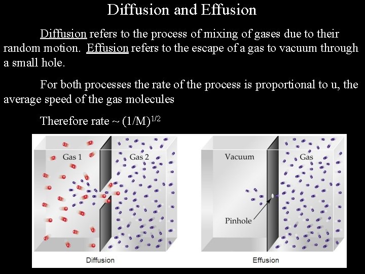 Diffusion and Effusion Diffusion refers to the process of mixing of gases due to