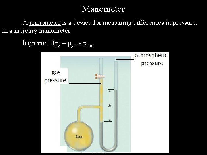 Manometer A manometer is a device for measuring differences in pressure. In a mercury