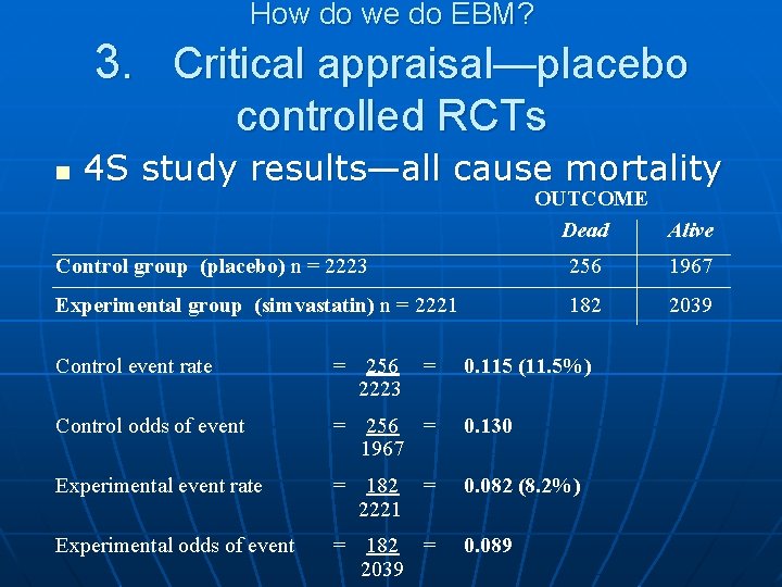 How do we do EBM? 3. Critical appraisal—placebo controlled RCTs n 4 S study