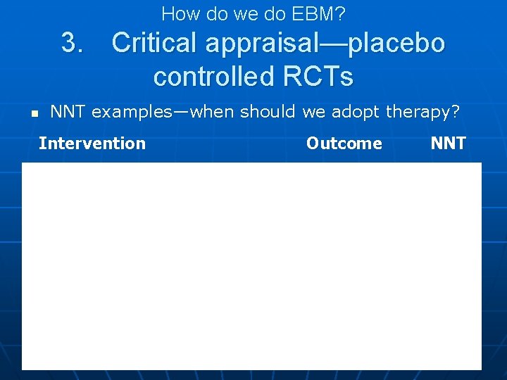 How do we do EBM? 3. Critical appraisal—placebo controlled RCTs n NNT examples—when should