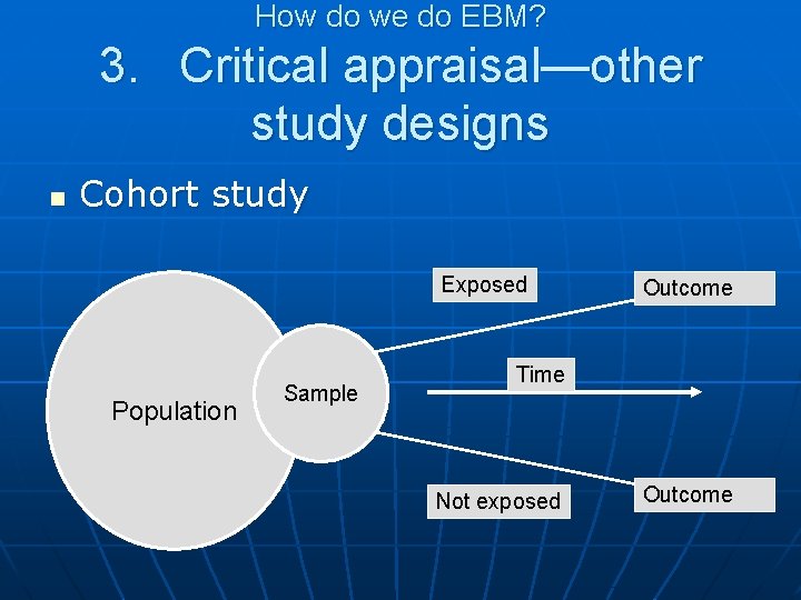 How do we do EBM? 3. Critical appraisal—other study designs n Cohort study Exposed